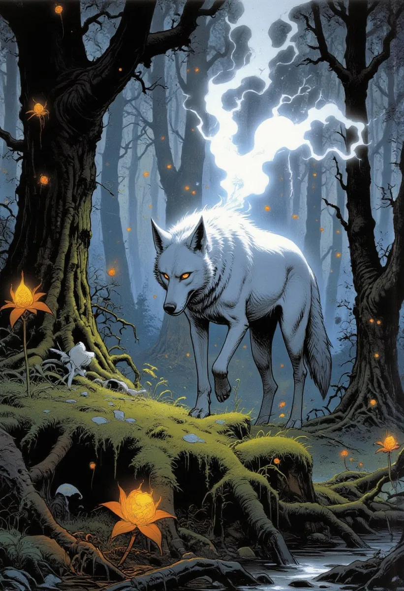 A white-furred wolf with glowing amber eyes stands in a dark enchanted forest illuminated by glowing bioluminescent flowers and floating fireflies, surrounded by twisted trees with ancient runes.