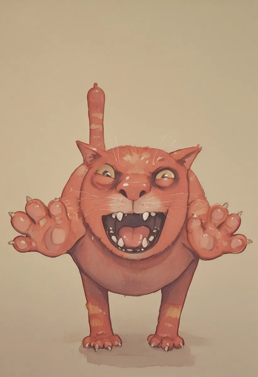 Watercolor and pastel painting of a fat red cat with yellow stripes, showing fangs, spreading paws, and a dashing look with wide eyes.