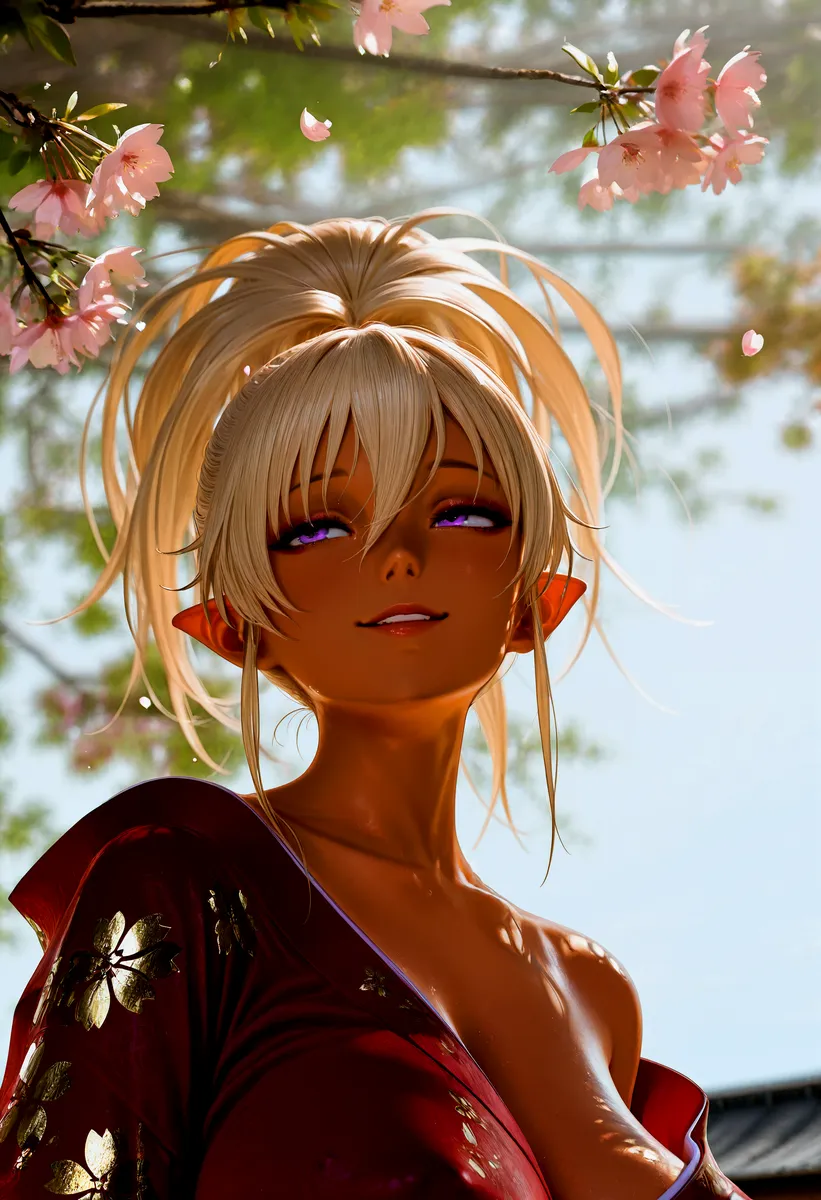 A dark-skinned female dark elf with blonde hair in a high ponytail, purple eyes, and wearing a red kimono with gold floral patterns, standing under blooming sakura branches in golden hour sunlight.