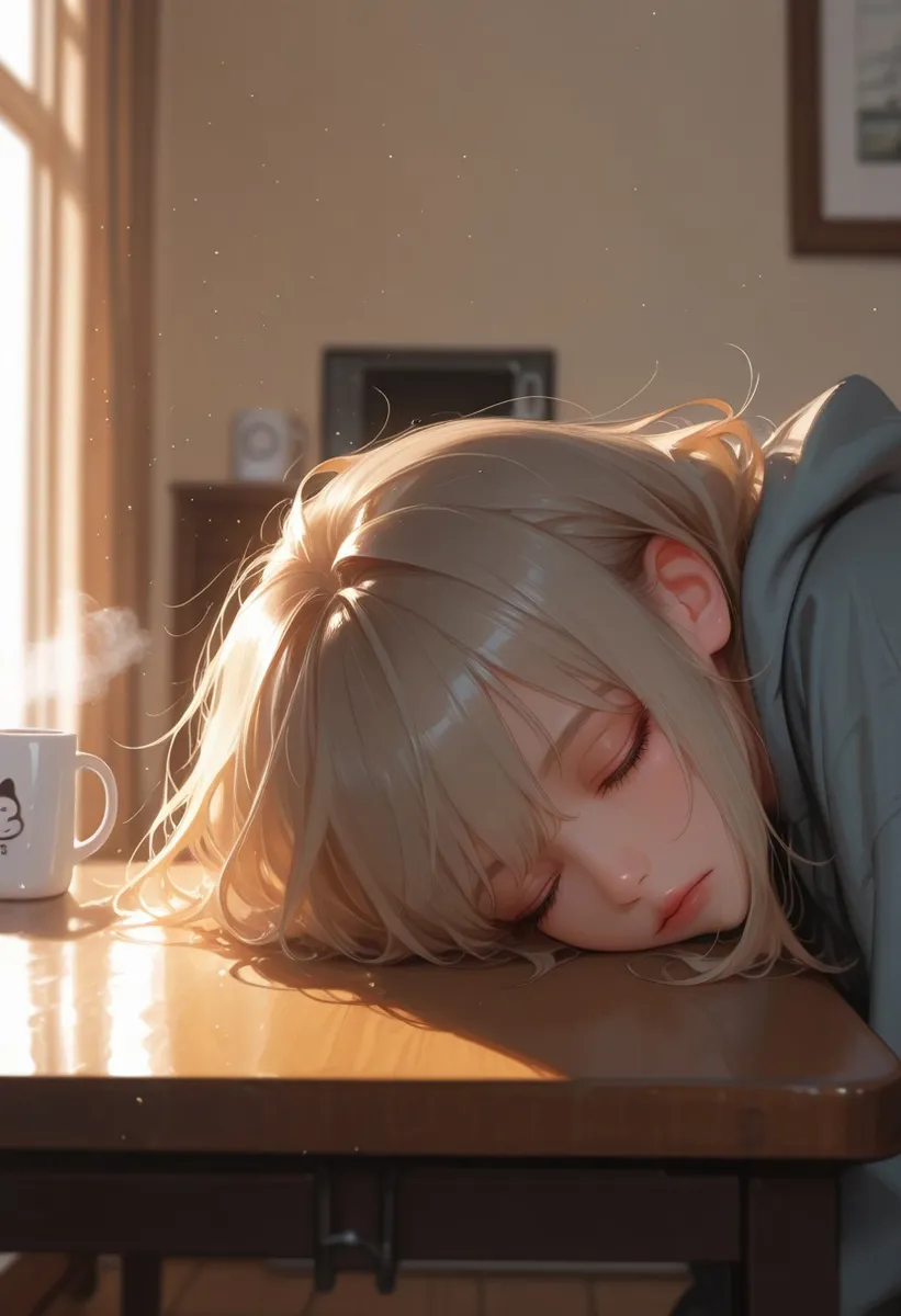 Realistic illustration of a sleeping girl resting her face on a wooden table with a steaming coffee mug nearby, bathed in warm early morning light with hazy air and light particles.