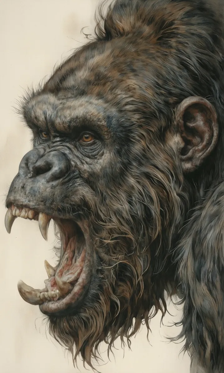 A highly detailed, realistic close-up illustration of a gorilla's face snarling fiercely, showing sharp teeth and intense eyes against a light beige background.
