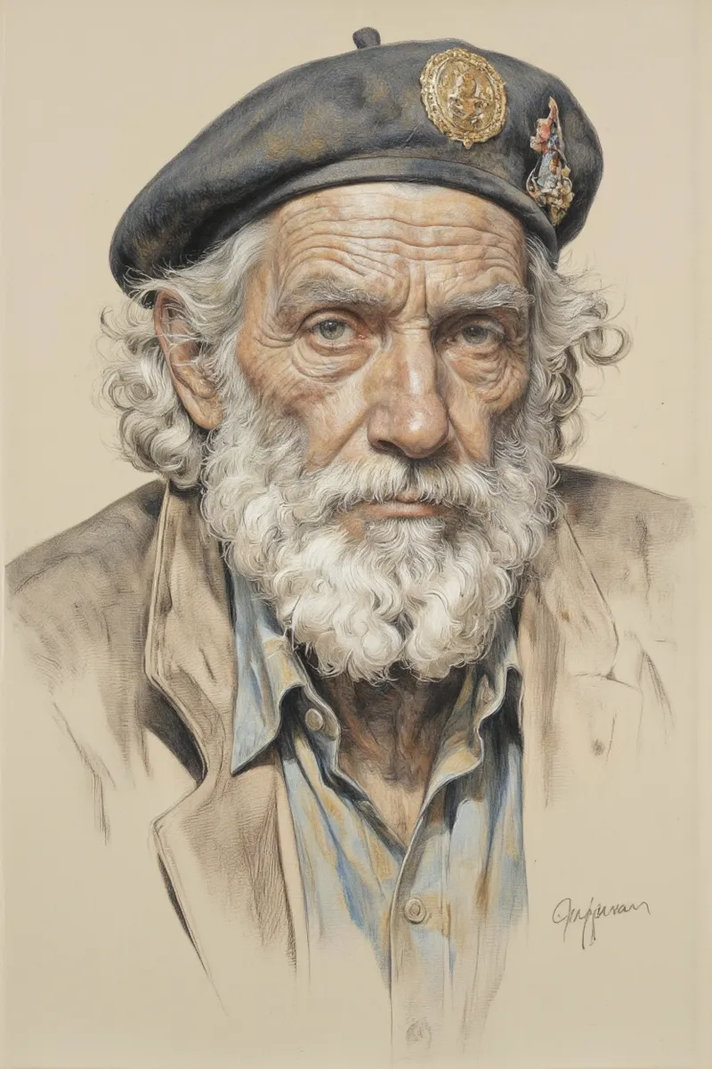 Realistic pencil sketch of an elderly man with a wrinkled face, white beard, and wavy white hair, wearing a decorated beret and beige clothing on a plain beige background.