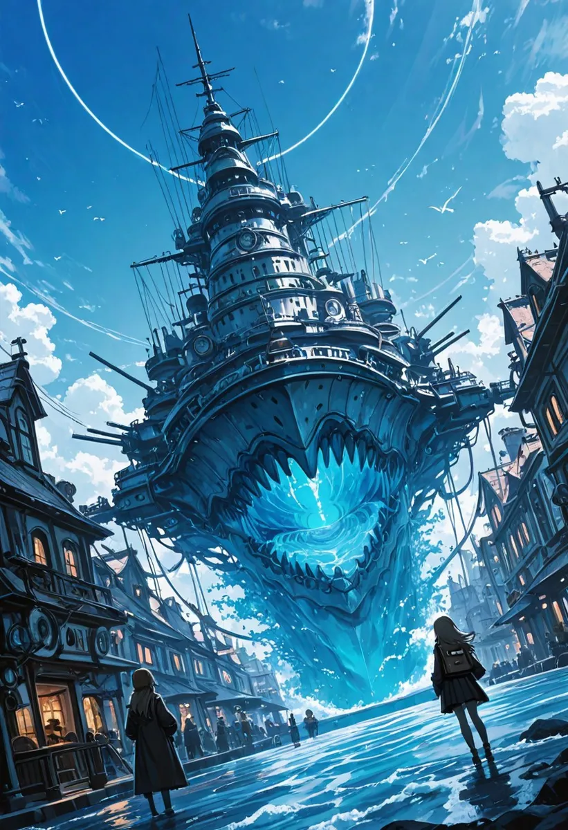 A large steampunk battleship with a glowing blue core hovers above a bay in an urban fantasy setting with dramatic lighting, surrounded by buildings and children playing.