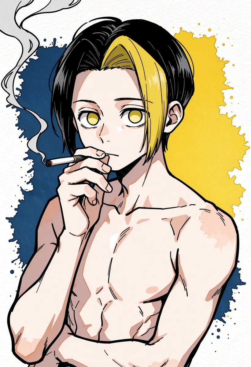 Shirtless anime boy with yellow and black hair, yellow eyes, smoking a cigarette against a blue and yellow watercolor splattered background with charcoal outlines.
