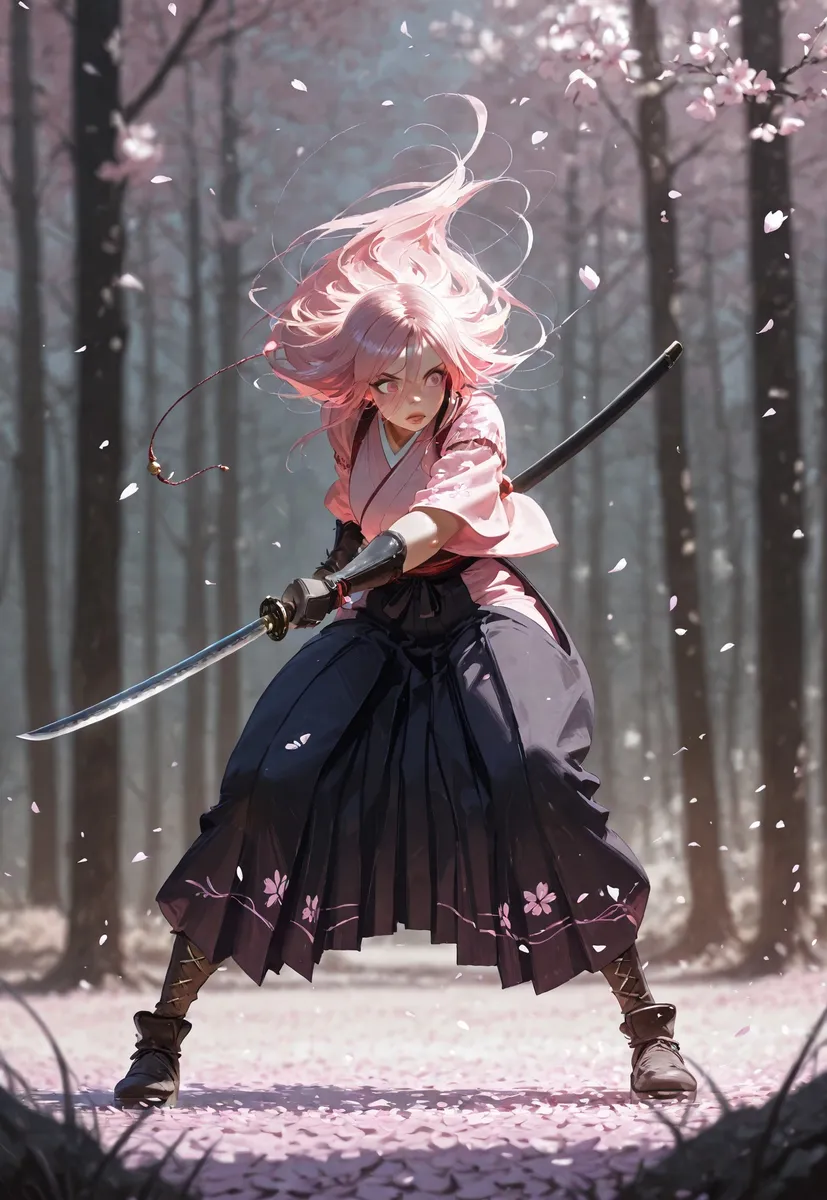 Anime girl warrior with long pink hair holding a katana in a dynamic pose surrounded by falling cherry blossoms in a forest with cinematic lighting and a blurred background.