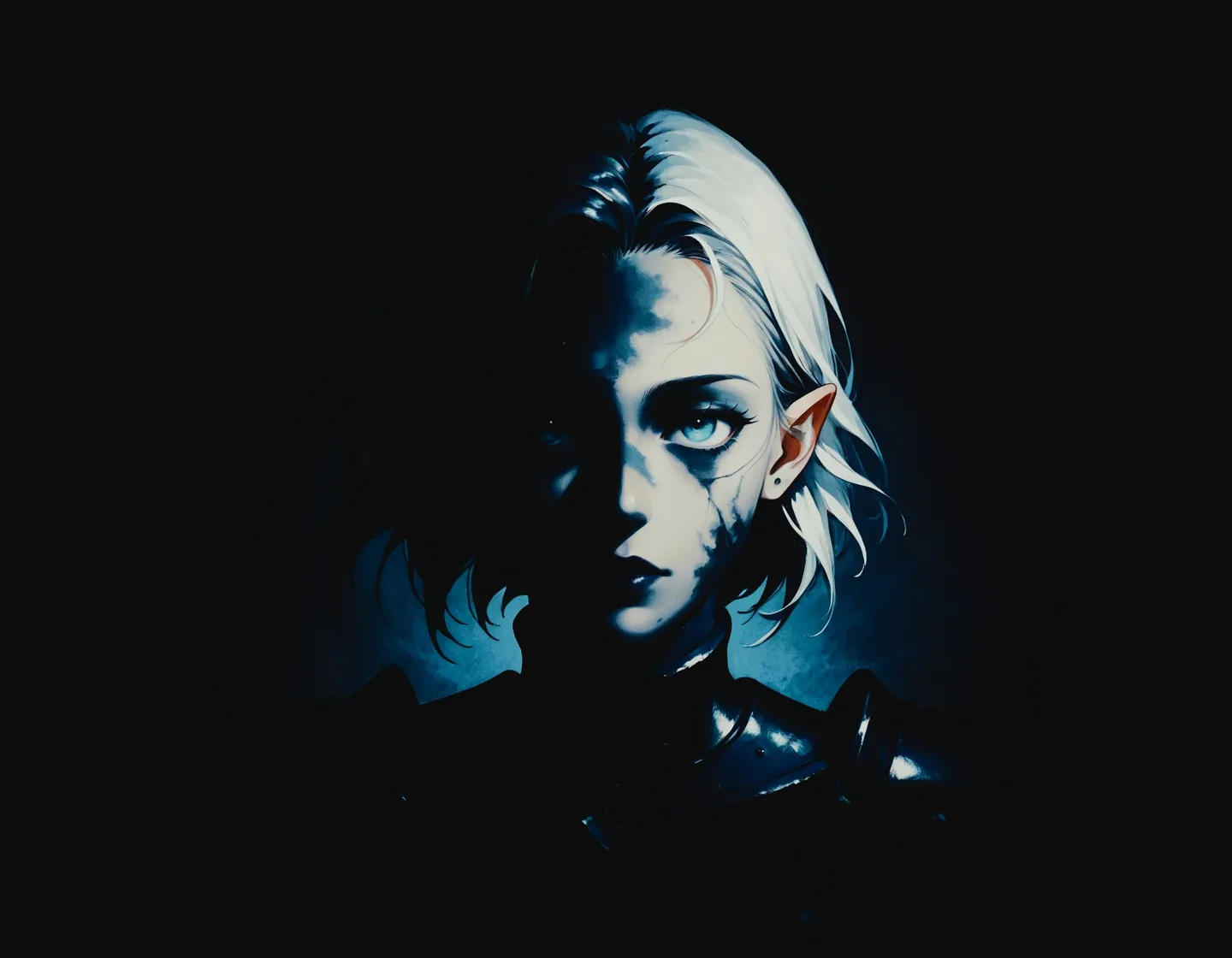 Dark portrait of a detailed elf girl wearing Aeldari armor, illuminated with blue low key lighting highlighting her white hair and sharp features.