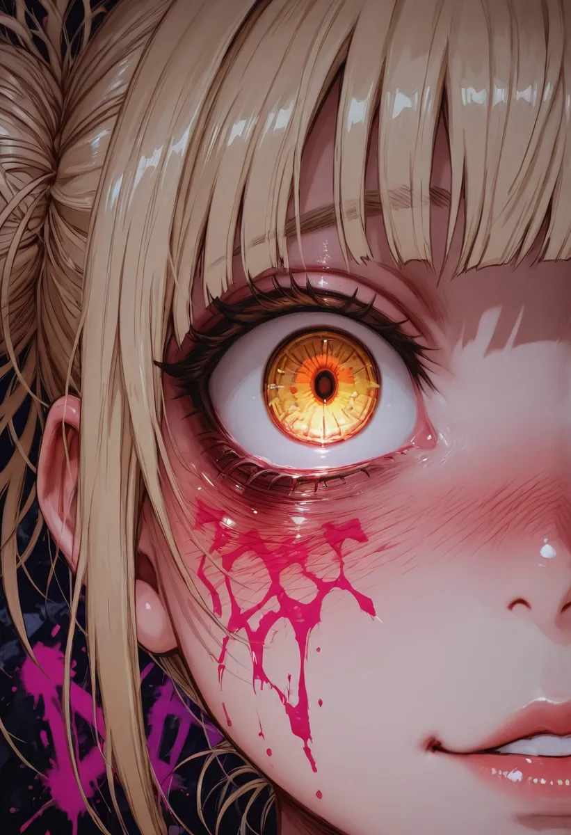 Close-up portrait of a yandere character Himiko Toga with detailed golden eyes, messy blonde hair styled in twin buns, a splash of pink graffiti art on the cheek, and an abstract background.