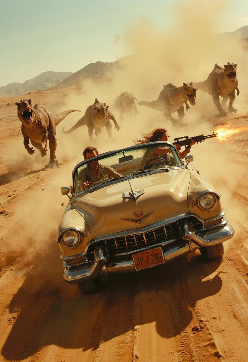 A dusty desert chase features a modified 1953 Cadillac Eldorado convertible speeding along a dirt road with two people inside; one driving and the other firing a rifle at a pack of attacking dinosaurs raising dust behind them.