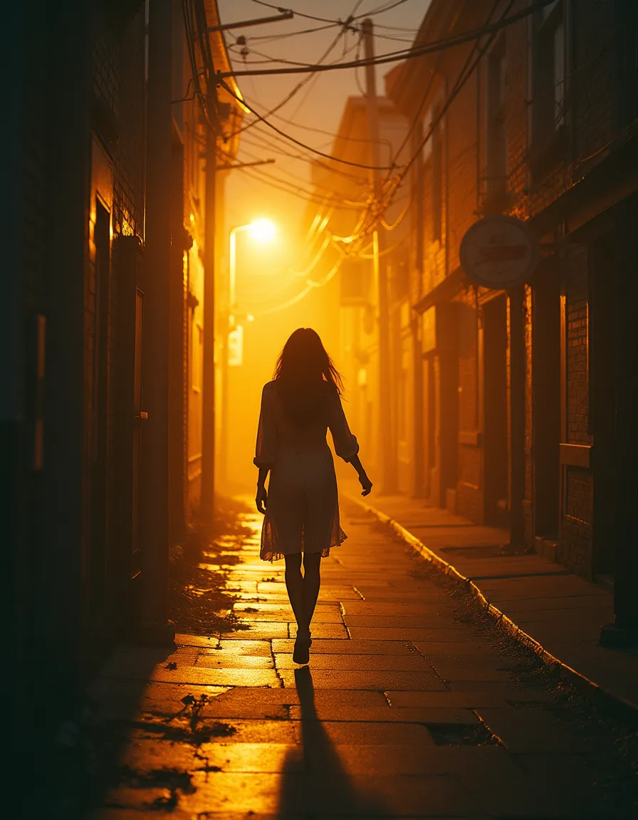 Silhouette of a woman walking alone down a foggy, golden-lit urban alley at dusk with streetlights casting long shadows.
