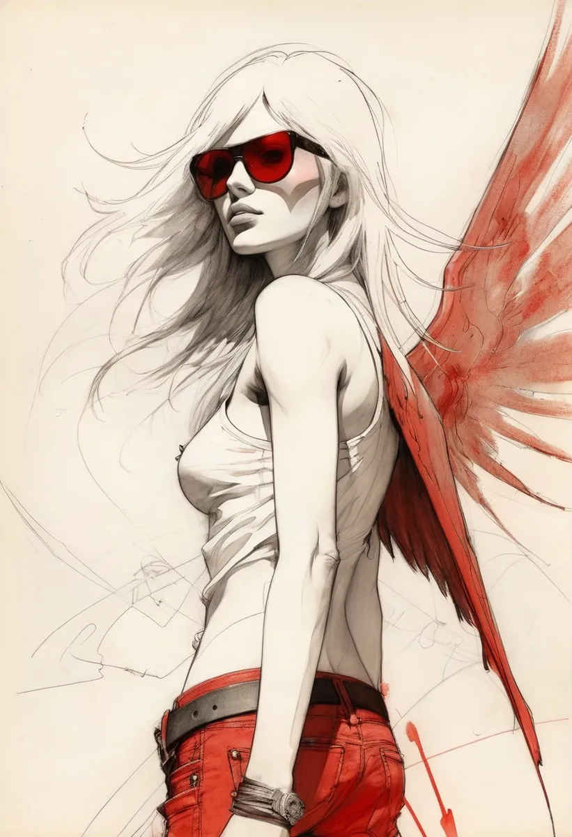A line drawing portrait of a girl with long flowing hair, red sunglasses, and red wings bursting from her back, rendered in bold brushstrokes and a red and white color palette.