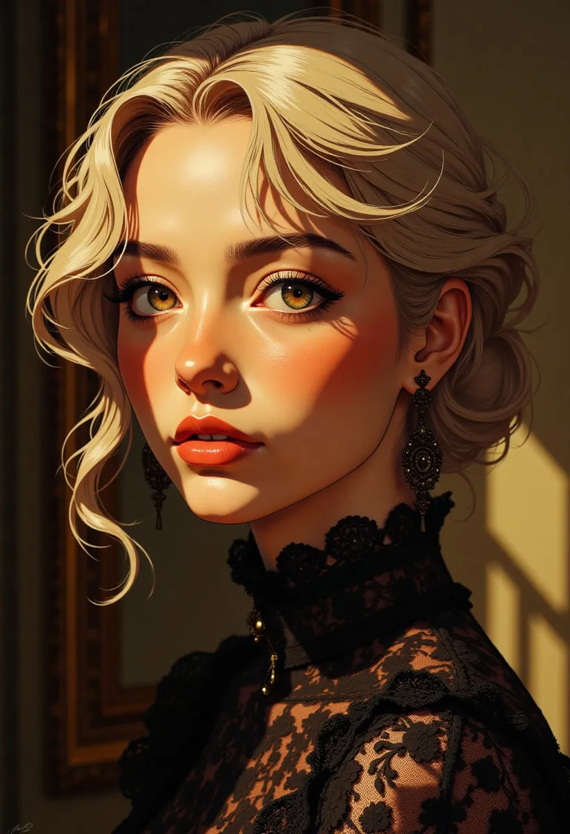 Hyper-realistic portrait of a young woman with blonde hair and delicate facial features, wearing intricate black lace clothing with a high collar, softly lit with warm sunlight.