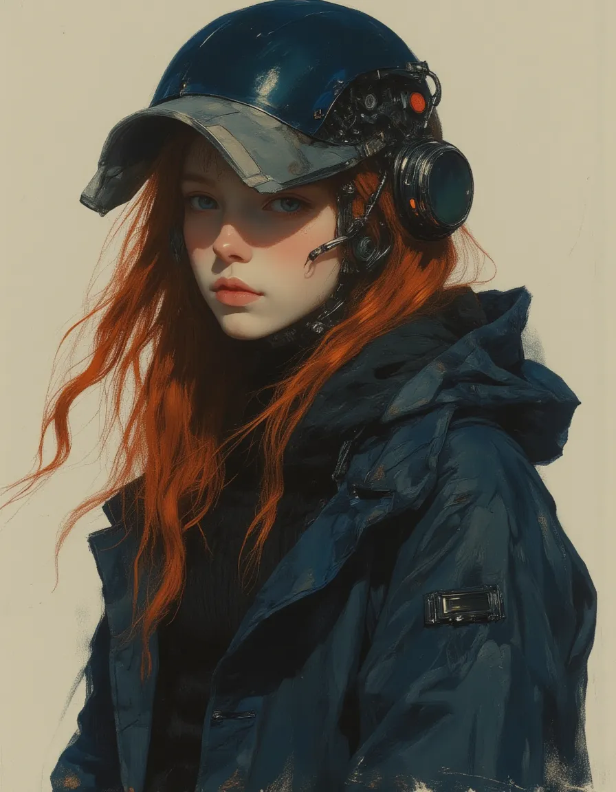 Portrait of a young girl with long red hair wearing a dark blue coat and a futuristic blue helmet with mechanical headset components.
