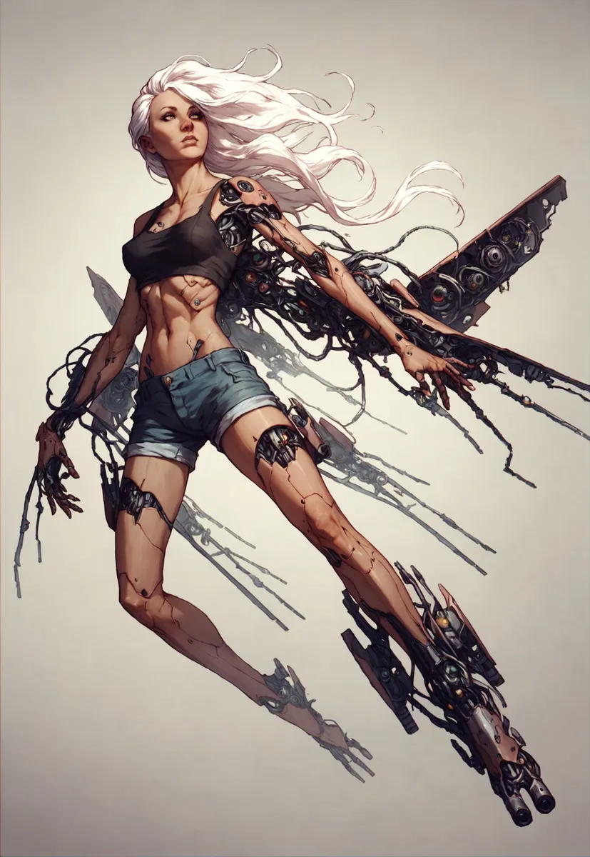 A cyborg woman with long white hair, floating with mechanical limbs and dark science fiction machinery integrated into her body, wearing shorts and a black top.