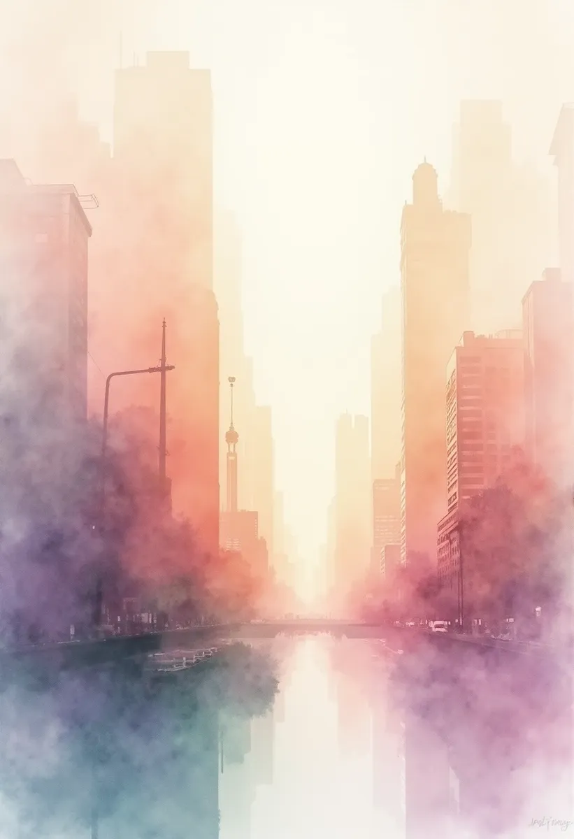A luminous cityscape fading into watercolor abstraction with soft apricot, rose quartz, and faded lavender tones, featuring gentle mist and subtle emerald green highlights on architectural details.