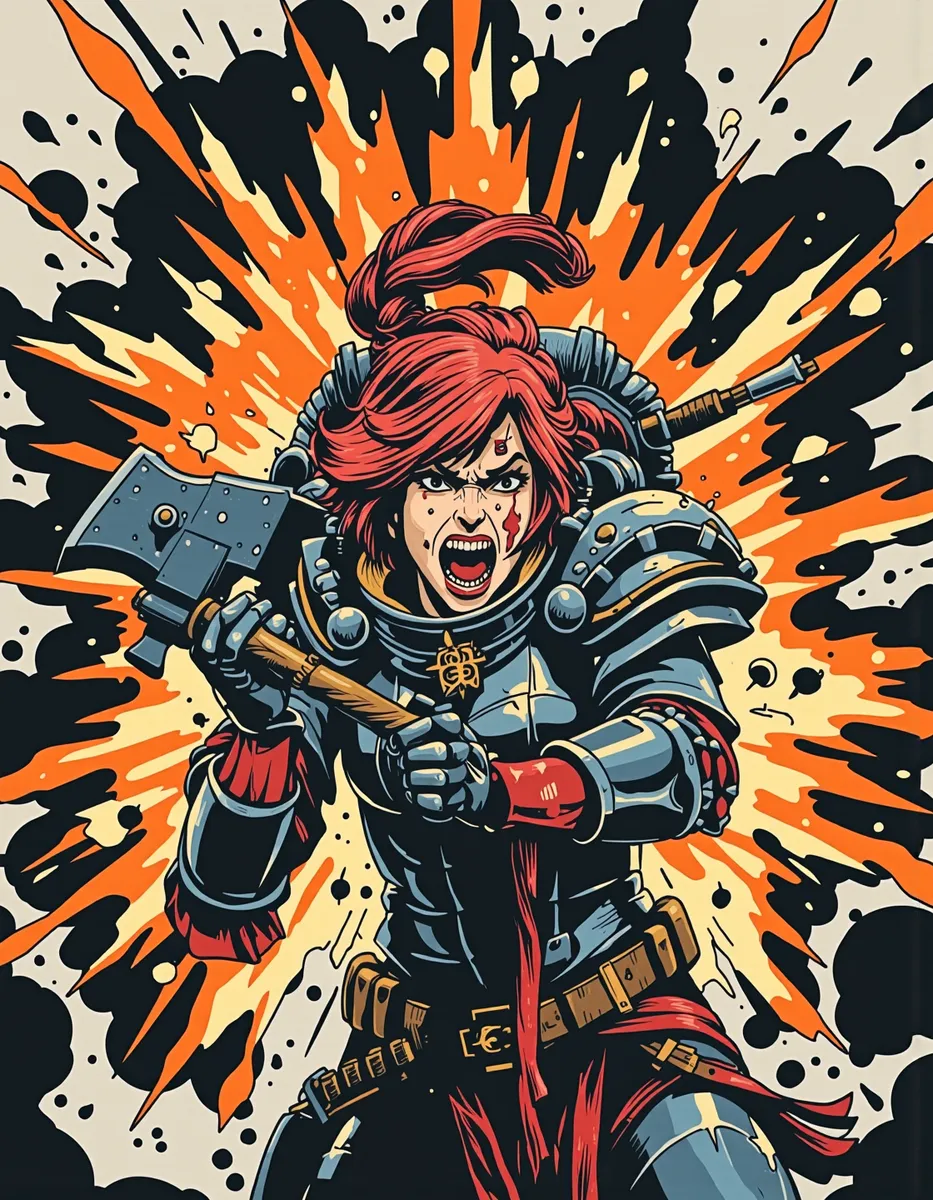 An intense graphic novel style illustration of a red-haired armored warrior sister wielding a power axe mid-swing, with explosive black and orange ink splatters behind her.