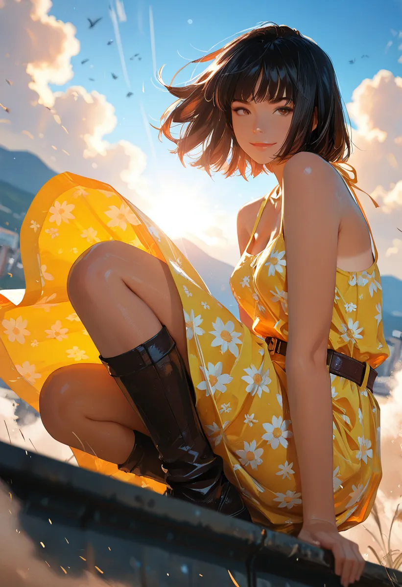 A dark-skinned girl with black shoulder-length hair wearing a yellow floral summer dress and black boots sits outdoors with sunlight behind her.