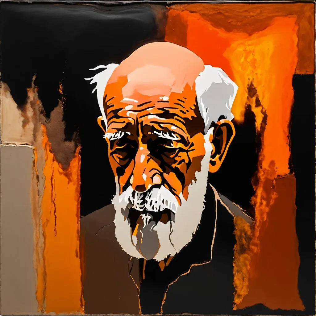 Portrait of an old man with a white beard and wrinkles, painted in ember tones with contrasting black and orange colors, featuring abstract background with paint and ash effect.