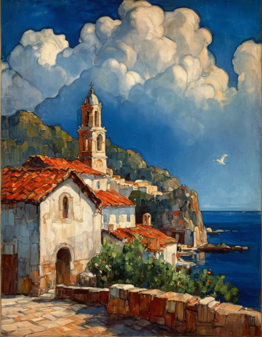 Impressionistic painting of a Mediterranean village featuring a white church with a bell tower, red-tiled roofs, blue sky with clouds, and a calm sea.