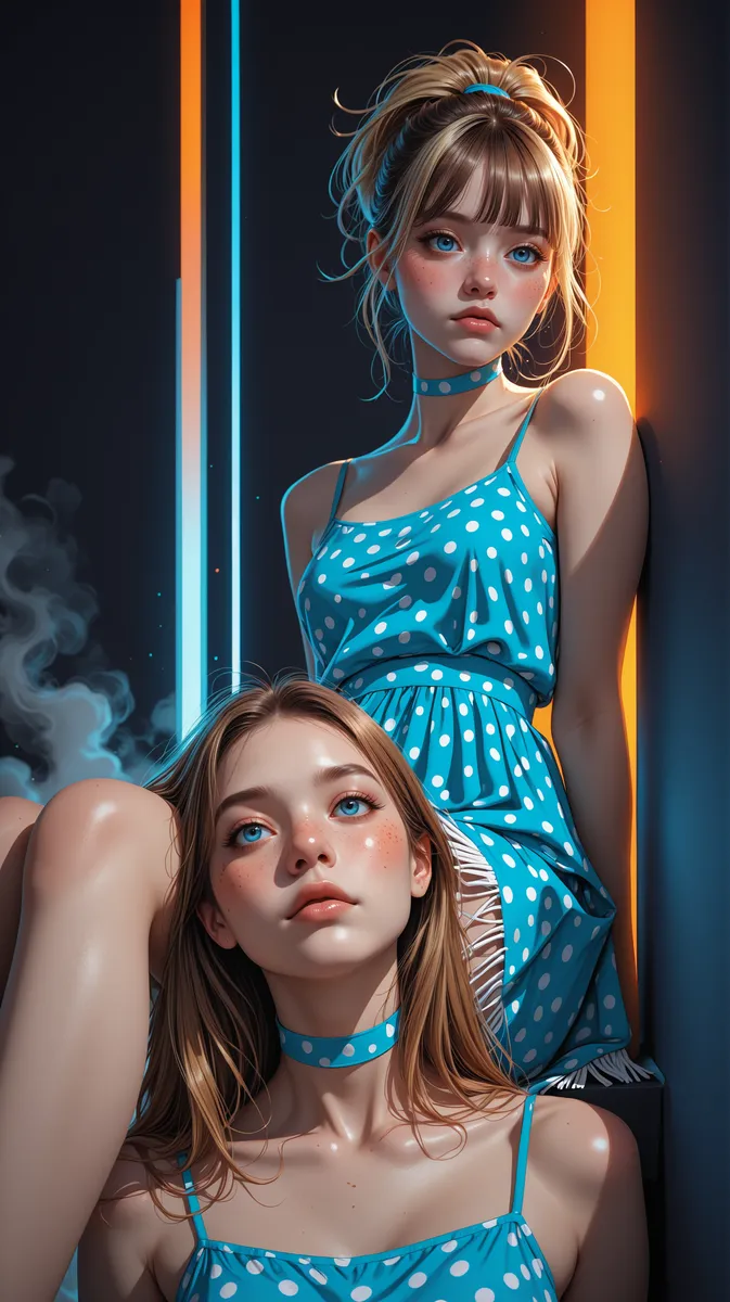 Two young egirls with blue eyes and freckles wearing blue polka dot neon sundresses, posed with sultry expressions against a background of complementary orange and blue neon lights with backlighting.