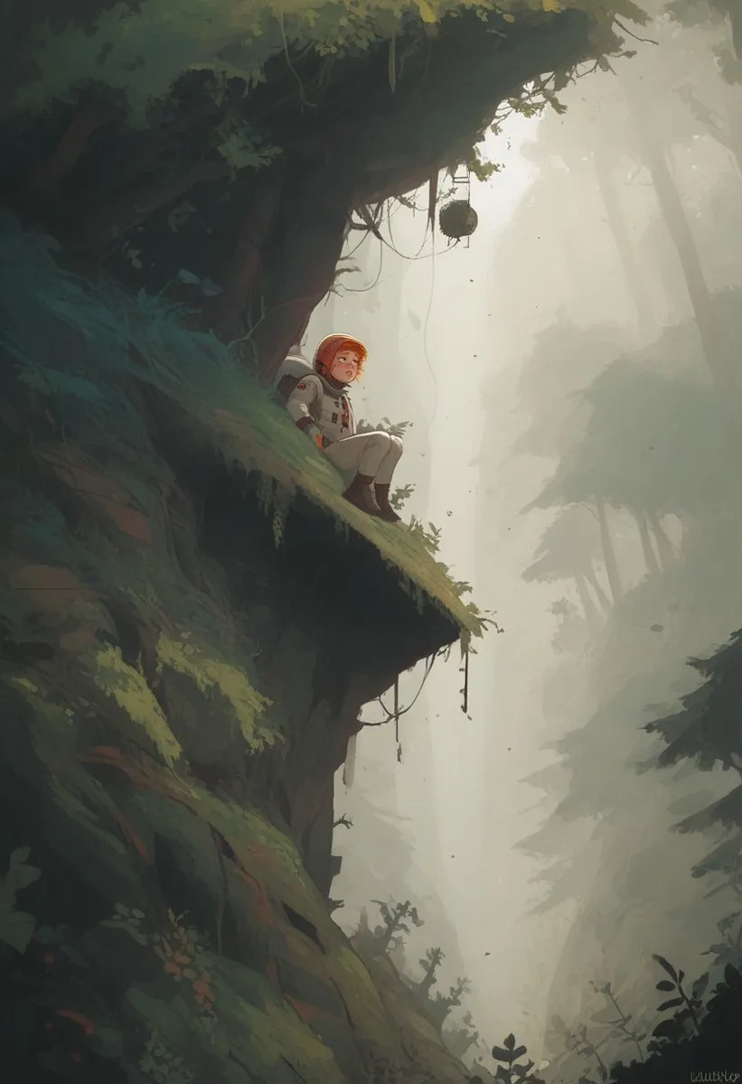 A young girl with short ginger hair and freckles in a bulky spacesuit sitting on a mossy cliff edge in a dense, dark overgrown forest with misty background.