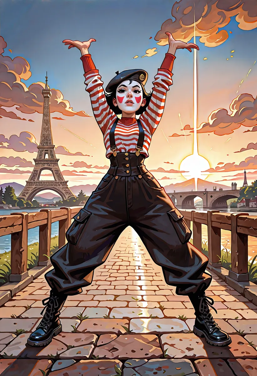 A mime girl with white facepaint and red cheek accents stands on a cobblestone bridge in Paris, wearing a striped shirt, black beret, suspenders, baggy pants, and combat boots at sunrise near the Eiffel Tower.