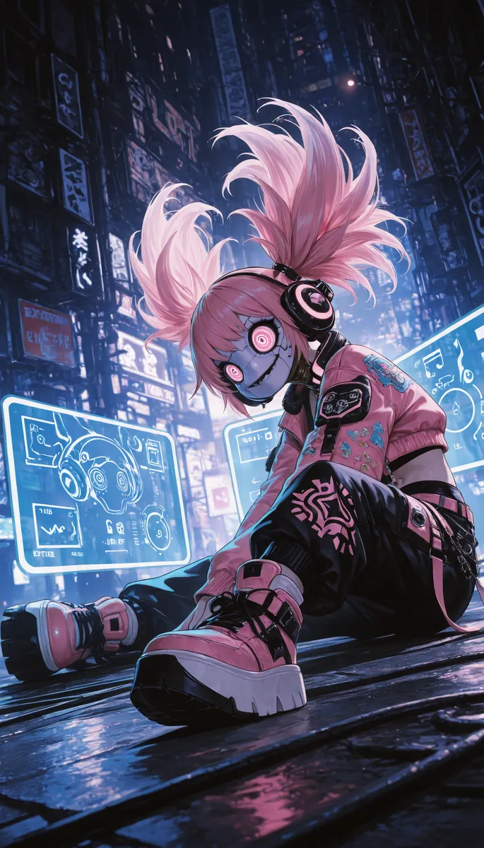 A girl with pastel pink twin tails in a vibrant street-style outfit sitting on a wet neon-lit city street at night, interacting with a floating holographic soundboard emitting glowing musical notes.