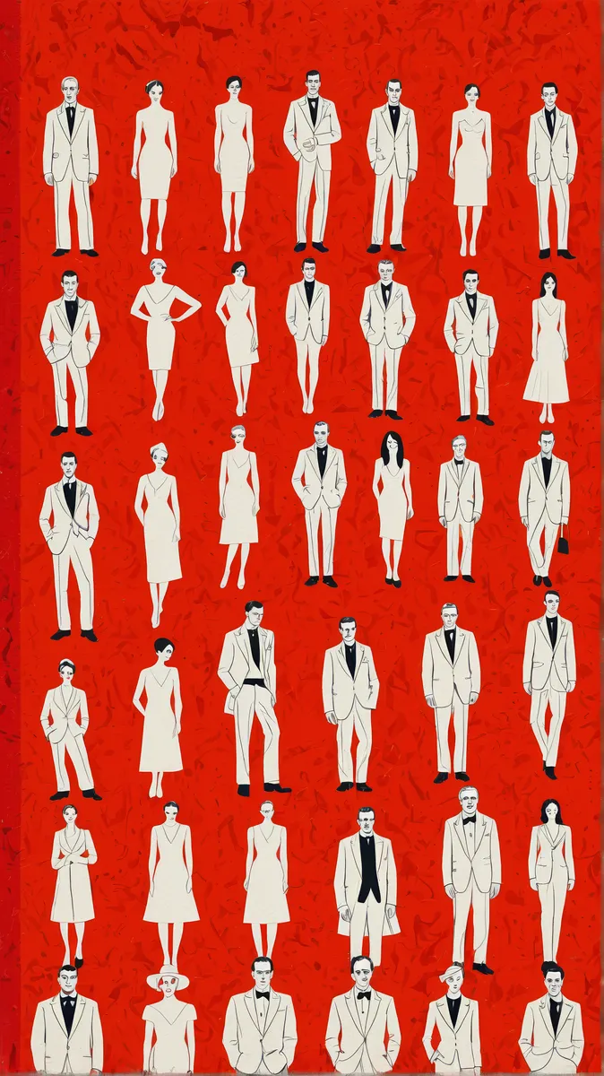 Abstract advertising poster featuring 9 actors, men and women with elongated slender bodies and slightly disproportionate heads, dressed in elegant clothing, illustrated in tempera and gouache on a textured red background.