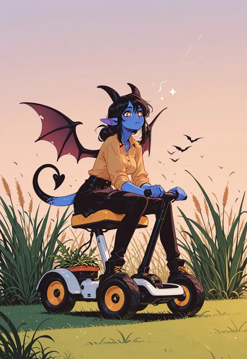 A blue-skinned succubus with black hair, horns, and demonic wings sitting thoughtfully on a small lawn mower surrounded by oversized grass and plants during sunset.