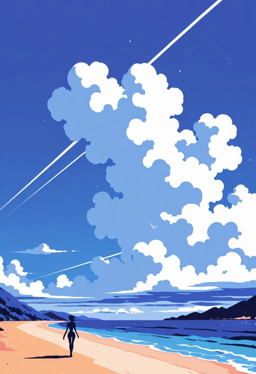 Minimalist flat vector artwork showing a slender silhouette of a woman walking on a beach at Cap Canaille, Southern France, with a vivid Cote d'Azur seascape and large expressive clouds in the background.
