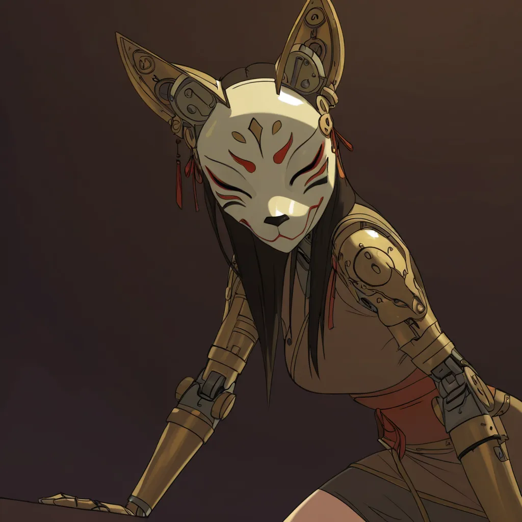 A Chinese woman in a kitsune fox mask with mechanical steampunk arms and ears, posed on all fours in a realistic style.