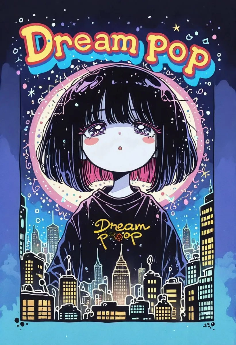 Ink art illustration of a cute female character with dark bob hair and rosy cheeks, standing above a colorful cityscape, with 'Dream Pop' text in retro style above her head.