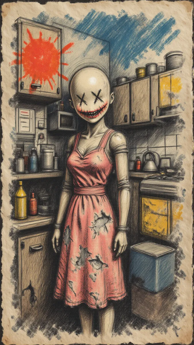 A haunting colored crayon sketch of a faceless mannequin with stitched X-eyes and a creepy stitched smile, standing in a rustic kitchen wearing a tattered pink dress, drawn with thick chaotic lineart and rough textures.