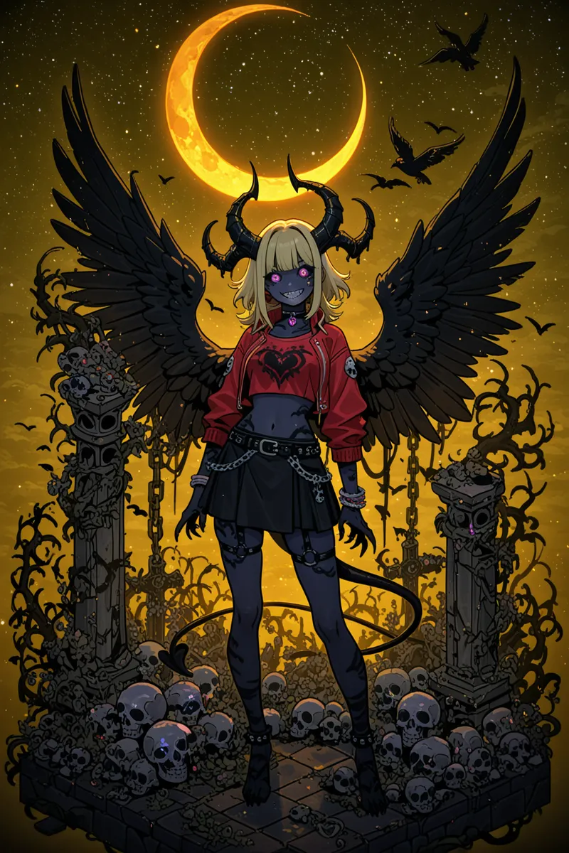 A demon girl with black feathered wings and multiple black horns stands against a glowing crescent moon and starry yellow night sky, surrounded by skulls and gothic pillars.