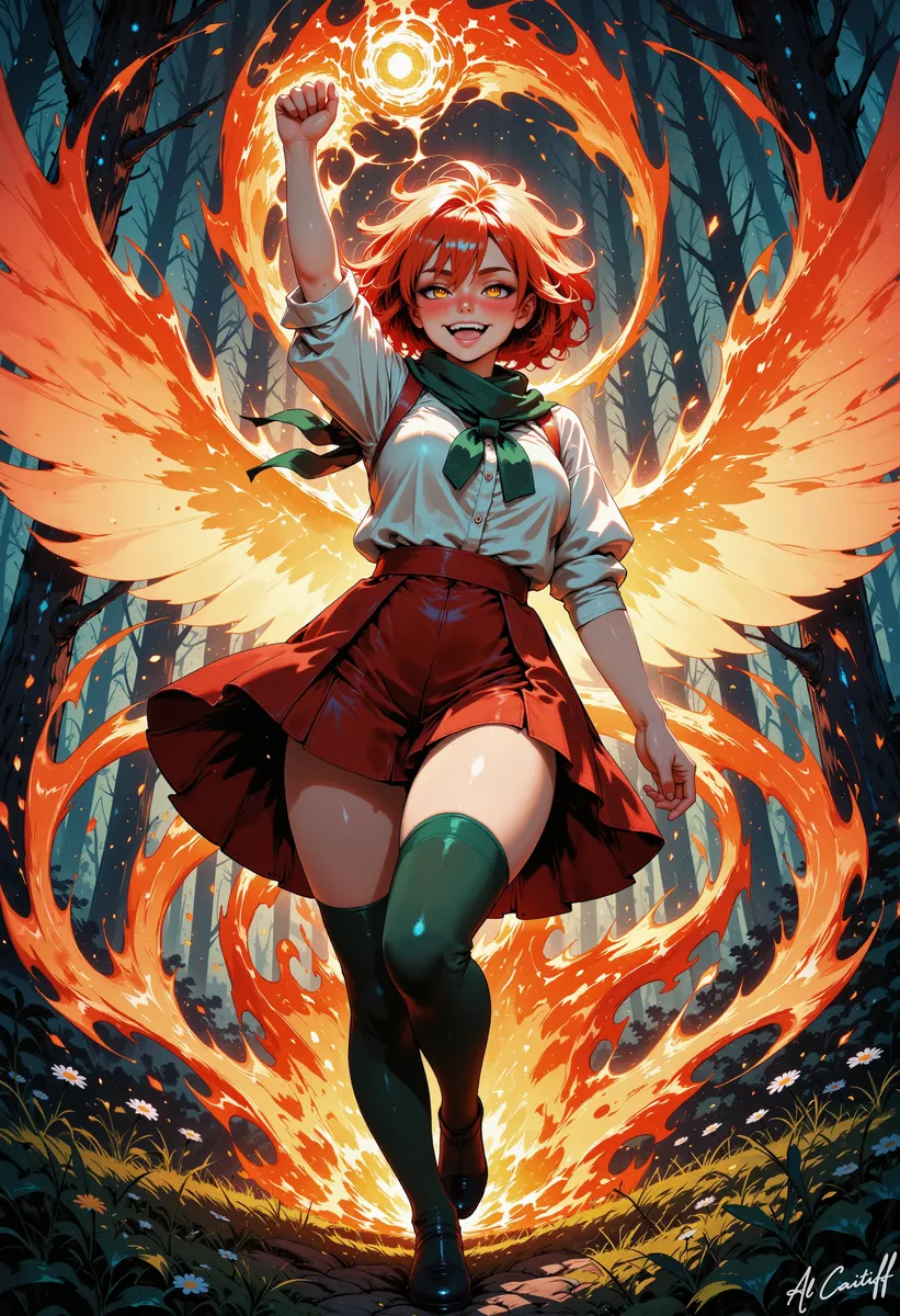 Red-haired woman in a school uniform controls a large fiery phoenix made of swirling orange and yellow flames in a mystical forest.