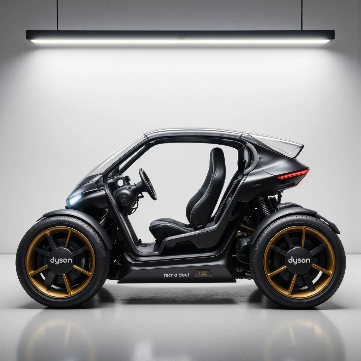 Side view of a futuristic black electric vehicle with Dyson branding, gold rim tires, open-top cockpit with minimalistic interior, against white background.