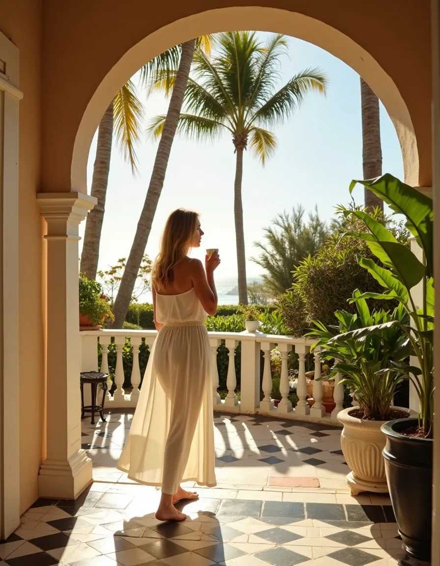 A woman in a flowing white dress stands barefoot on a sunlit Mediterranean-style porch with black-and-white checkered tiles, sipping coffee and looking towards the distant shimmering beach framed by palm trees.
