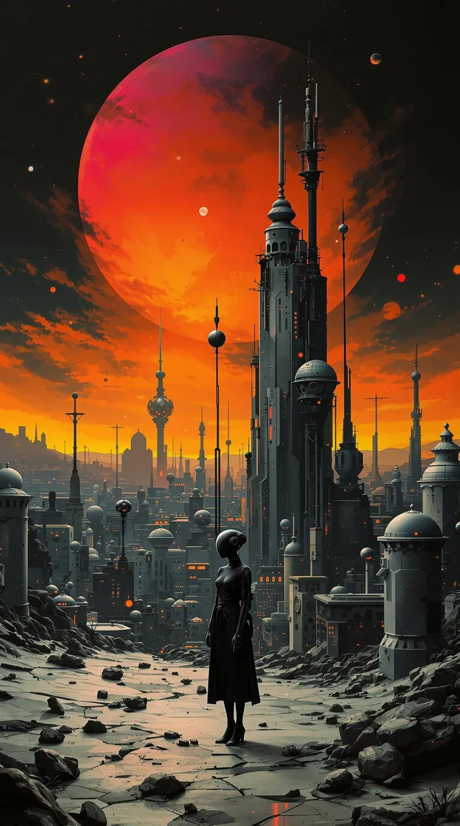 A futuristic cityscape under a vivid orange-red sky with a large celestial body in the background. A mysterious figure in dark attire stands on a rocky foreground, surrounded by tall dystopian towers and alien architecture, glowing with random light highlights that add a dreamlike, surreal tone.