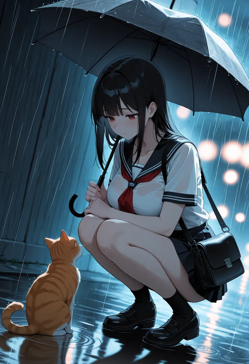 Anime girl in a serafuku squatting under an umbrella, looking sadly at an orange cat on wet pavement in the rain at night with dark, stormy atmosphere and reflections.