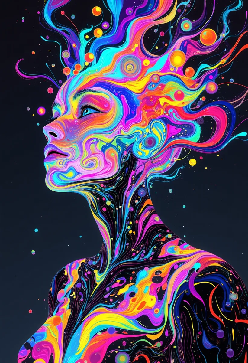 Vibrant abstract portrait of a human figure with swirling psychedelic colors and ethereal energy patterns against a dark background.