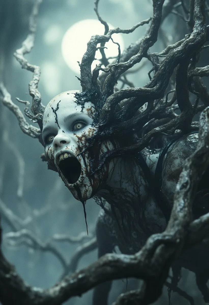 A nightmarish alien creature with pale white skin and black biomechanical twisted branches growing from its head, screaming with a gaping mouth, set against a moody, cinematic background with a large glowing sphere.