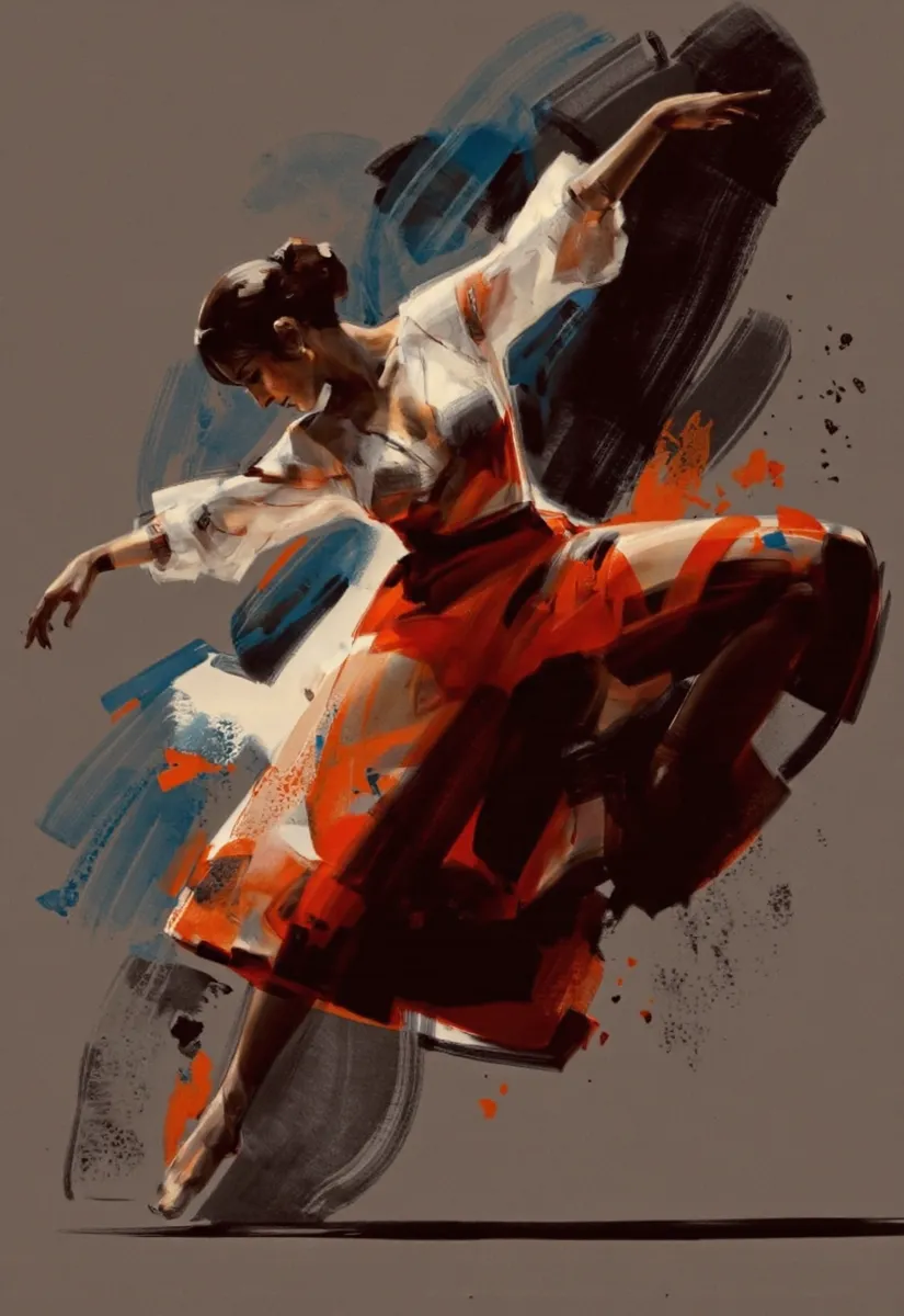 Digital InkSketch style illustration of a graceful dancer mid-motion, wearing a white blouse and flowing orange skirt, surrounded by blue and orange paint splashes on a dark abstract background.