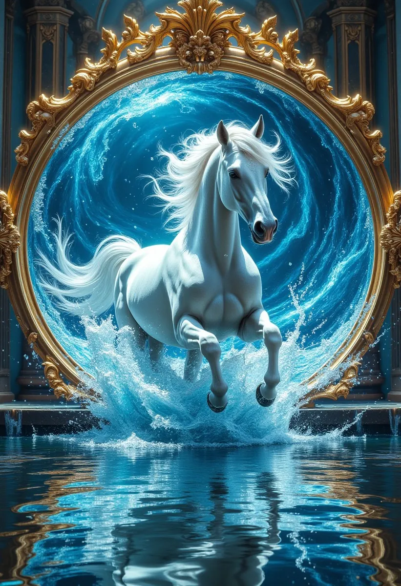 Majestic white horse galloping through a swirling blue water portal framed by ornate gold baroque decorations, splashing into a reflective pool.