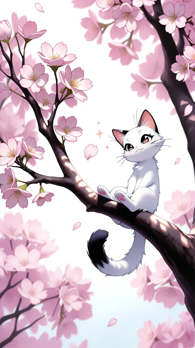 White cat with black-tipped tail sitting on a tree branch surrounded by pink cherry blossoms falling in soft pastel sunlight with a serene expression.