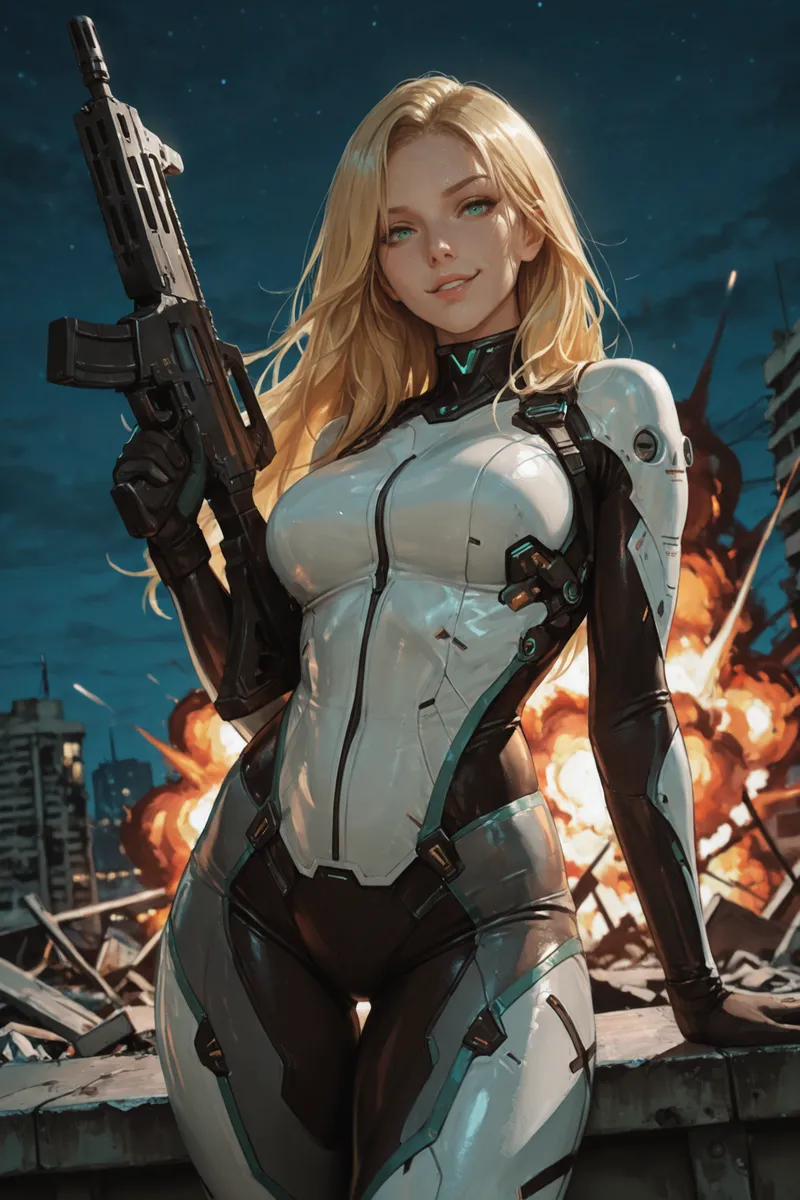 A blonde woman in a futuristic white and black bodysuit stands confidently on a rooftop holding an assault rifle, with a city skyline and large explosion behind her at night.