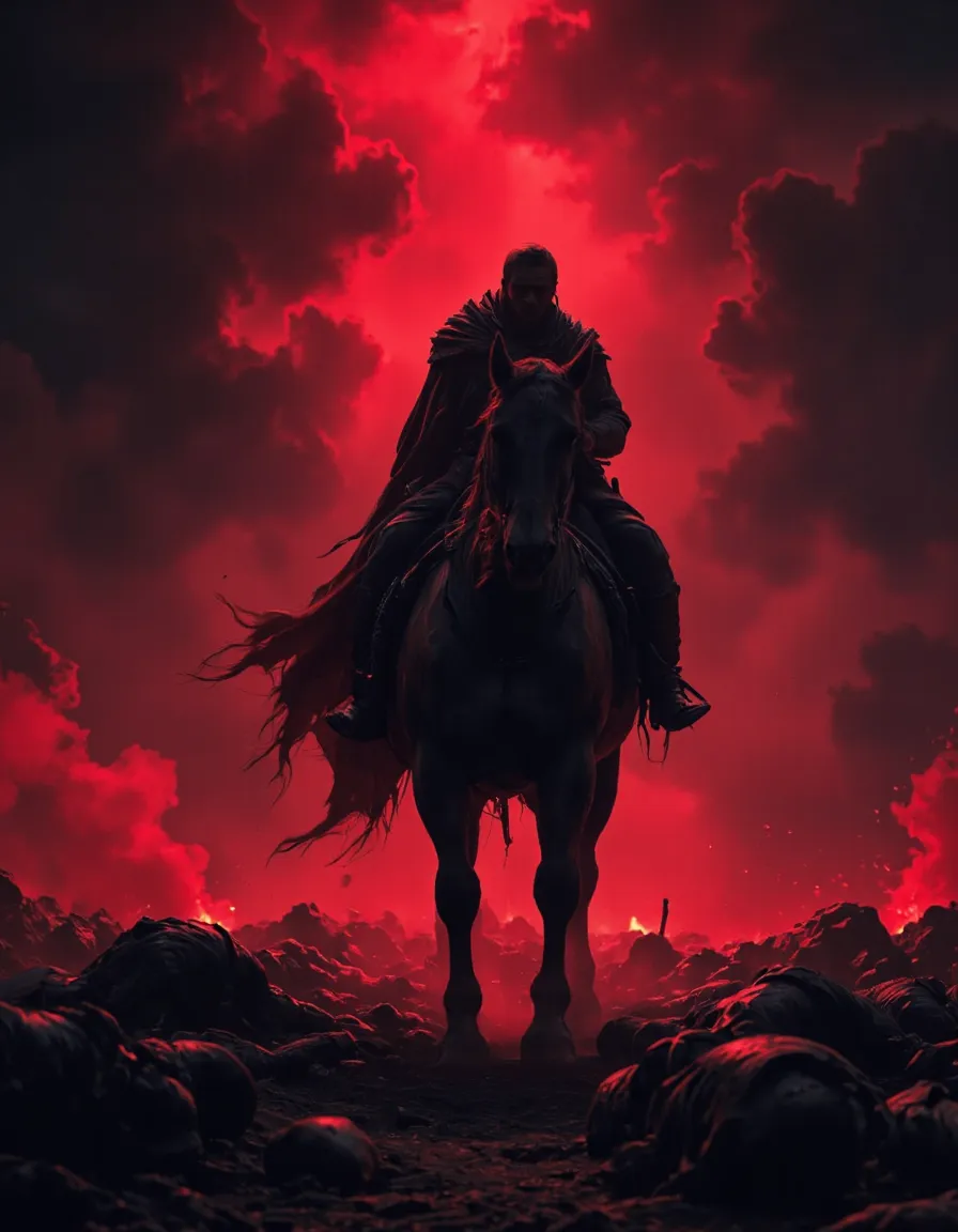 Silhouetted mysterious warrior on horseback against a deep crimson-red sky, surrounded by fallen bodies on a dark, apocalyptic battlefield with dramatic atmospheric haze.