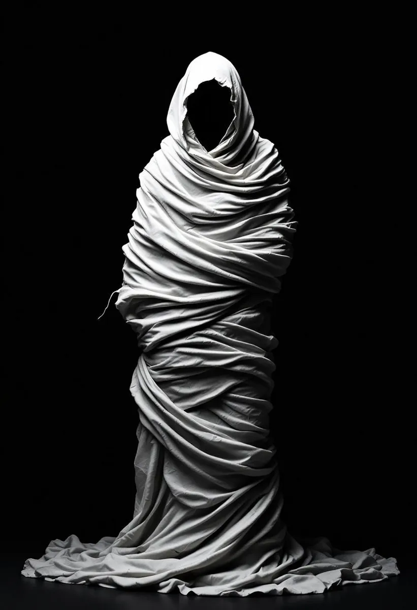A haunting horror art piece showing a figure wrapped in white spiral cloth, revealing an invisible body against deep black darkness.