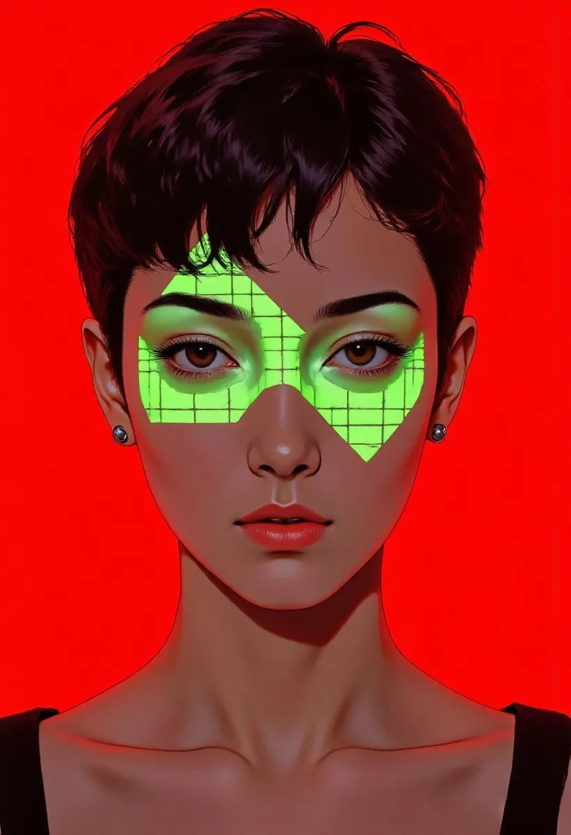 Portrait of a pale-skinned woman with short hair and neutral expression, featuring a glowing green triangle grid projected on her face, set against a crimson background.