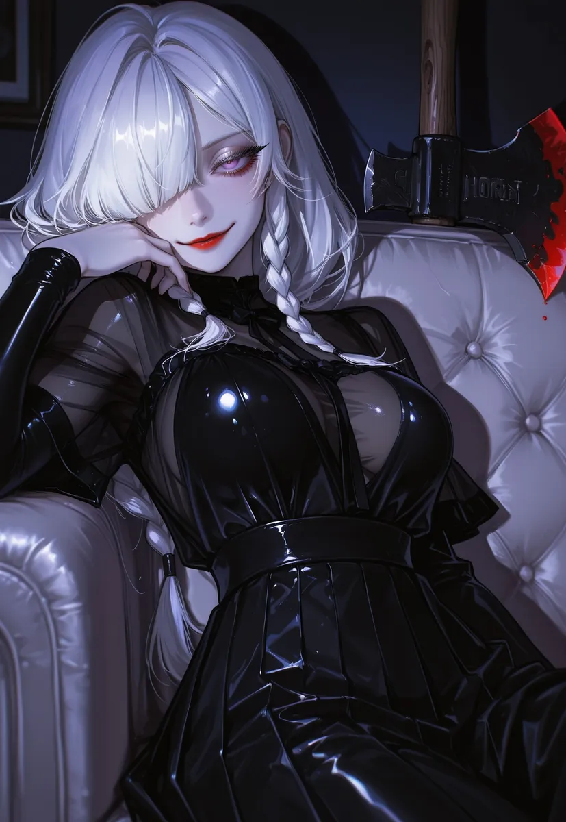 A detailed portrait of a white-haired girl with purple eyes and red lipstick wearing a glossy black latex dress, sitting on a couch, holding a bloody axe.