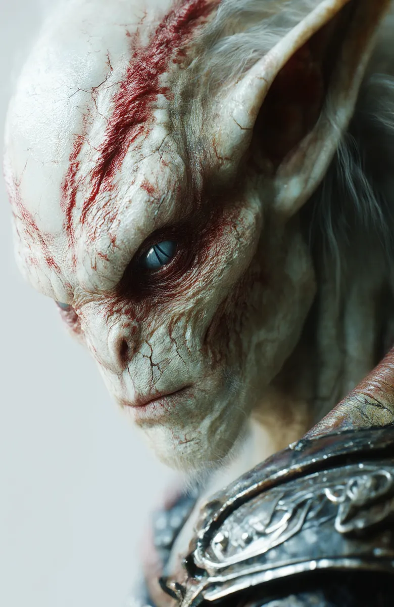 Close-up profile of a grotesque white-skinned alien with intricate cracked textures, red markings, blue slit eyes, white hair, and worn ornate shoulder armor under high-contrast lighting.
