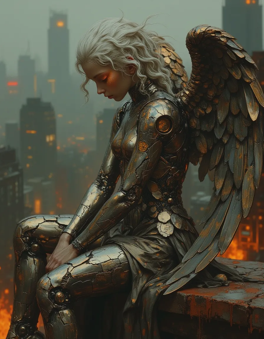 A cyberpunk angel android with cracked metallic body and rusted wings sits perched on a rooftop edge overlooking a dystopian city with blurred lights.